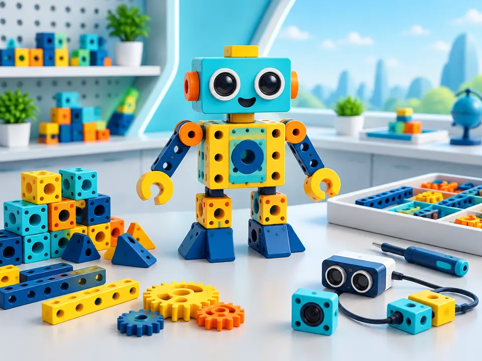 Composición conceptual de robótica educativa inicial con piezas de construcción y sensores