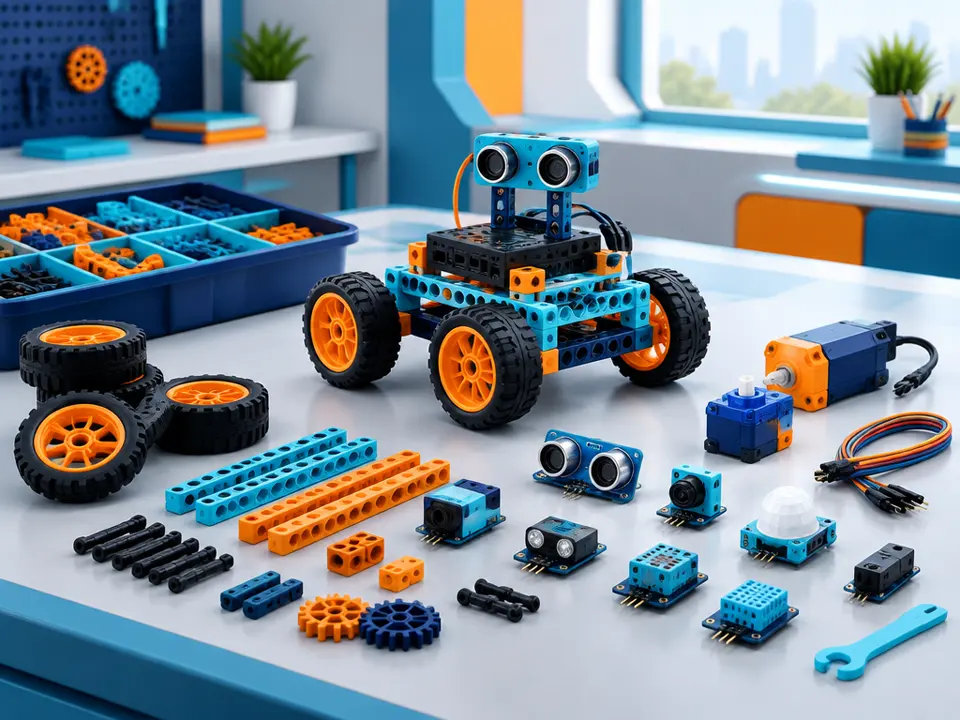 Composición conceptual de robótica educativa con construcción modular y sensores